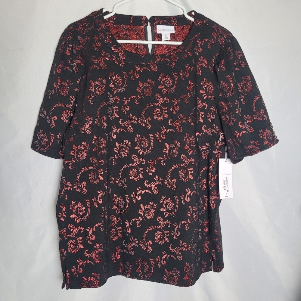 NWT Liz Claiborne Black & Metallic Red Roundneck Career Work Blouse Women's XL